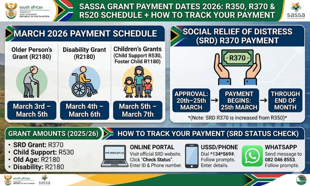 SASSA Grant Payment Dates 2026: R350, R370 & R520 Schedule + How to Track Your Payment